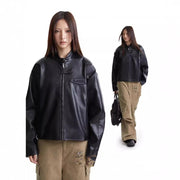 Men's and Women's Motorcycle Clothing PU Leather Zip Turtleneck Jacket