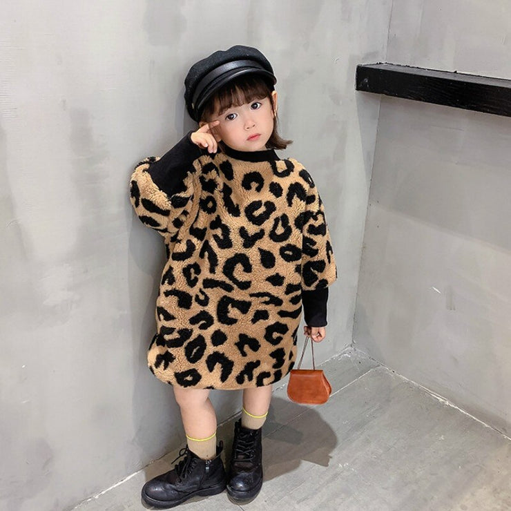 Girl's Autumn Winter New Arrival Girls Long Sleeve Leopard T Shirt Kids Warm Cashmere Long Style Tops