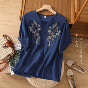 Loose Cotton And Linen Embroidery V-neck Short-sleeved Shirt Women's Shirt Top 647