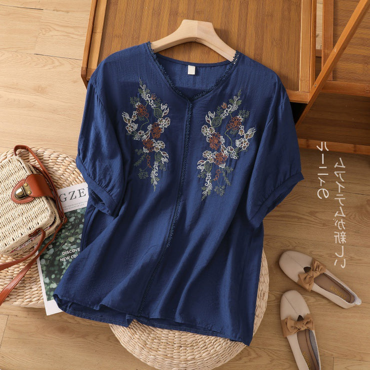 Loose Cotton And Linen Embroidery V-neck Short-sleeved Shirt Women's Shirt Top 647