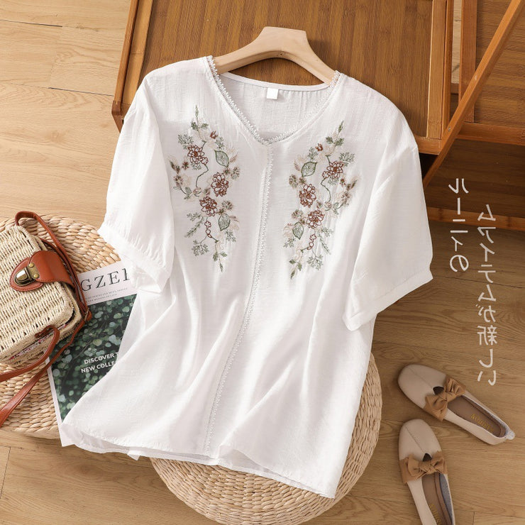 Loose Cotton And Linen Embroidery V-neck Short-sleeved Shirt Women's Shirt Top 647