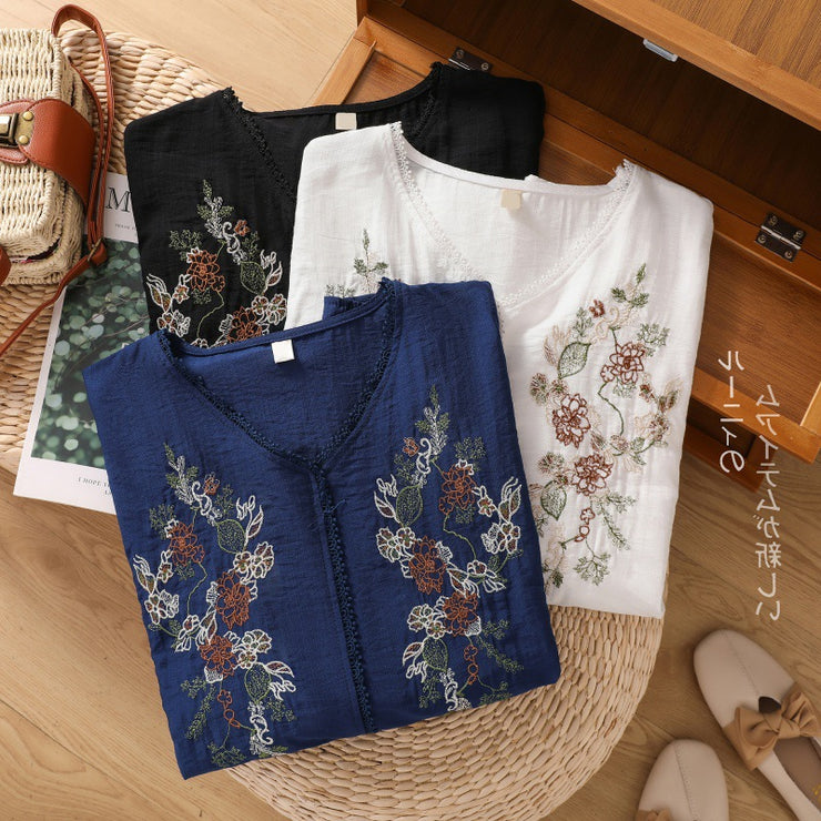 Loose Cotton And Linen Embroidery V-neck Short-sleeved Shirt Women's Shirt Top 647