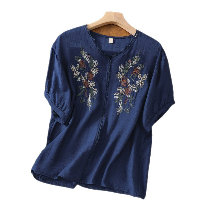 Loose Cotton And Linen Embroidery V-neck Short-sleeved Shirt Women's Shirt Top 647