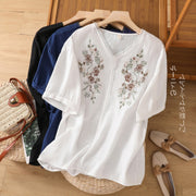 Loose Cotton And Linen Embroidery V-neck Short-sleeved Shirt Women's Shirt Top 647