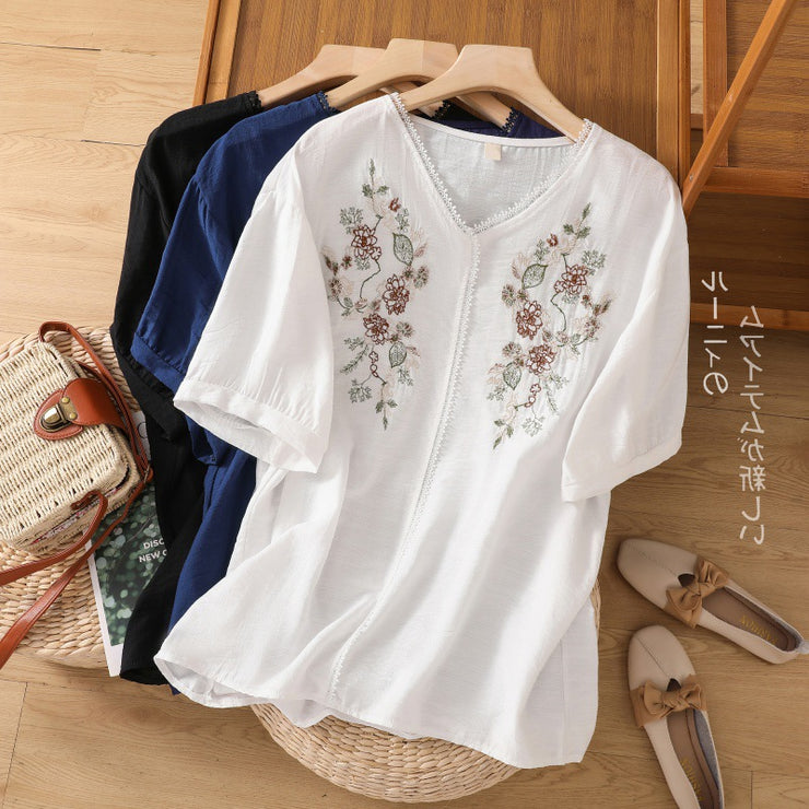 Loose Cotton And Linen Embroidery V-neck Short-sleeved Shirt Women's Shirt Top 647