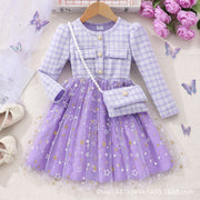 Girls' Long Sleeve Lady Star Mesh Dress