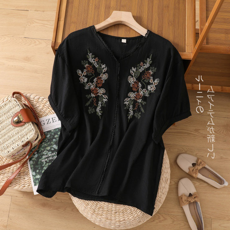 Loose Cotton And Linen Embroidery V-neck Short-sleeved Shirt Women's Shirt Top 647