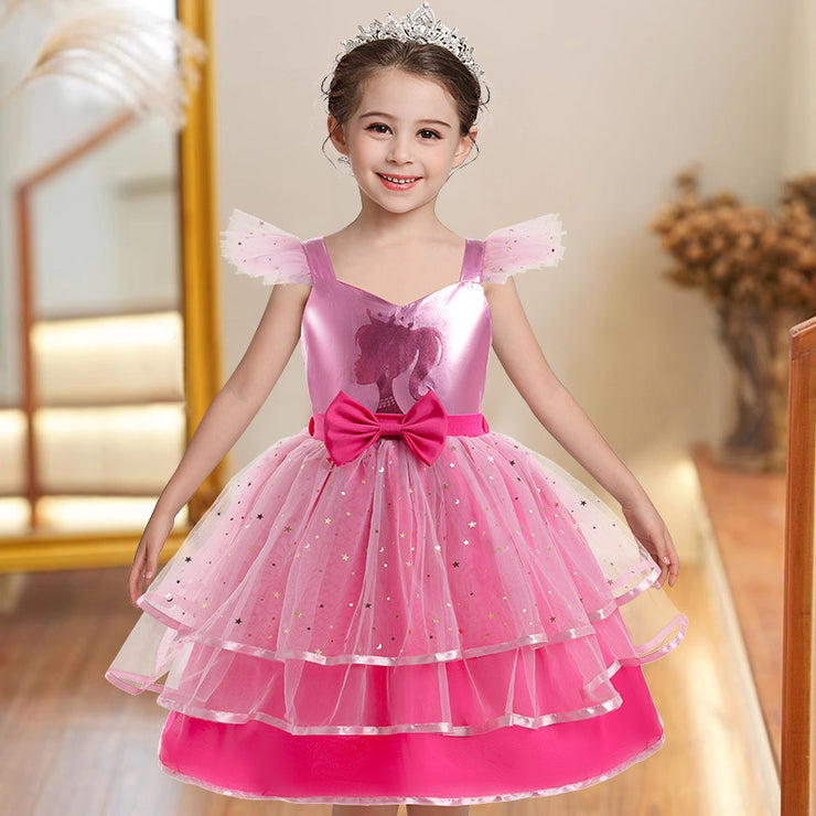 Girl's Simple Cartoon Printed Mesh Dress